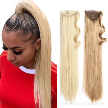 High Quality 24 inch Blonde Black Long Straight Drawstring Ponytail Hairpiece With Hairpins Synthetic Ponytail Hair Extensions